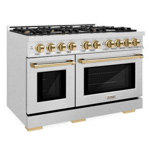 ZLINE Autograph 48" 6.7 cu. ft. Select Double Oven Dual Fuel Range with 8 Burner Gas Cooktop in Satin Stainless Steel and Polished Gold Accents, HDRSZ-48-G