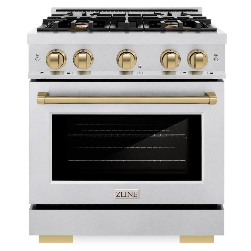 ZLINE Autograph 30" 4.2 cu. ft. Select Gas Range with 4 Burner Cooktop and Convection Gas Oven in Satin Stainless Steel and Champagne Bronze Accents, HGRSZ-30-CB