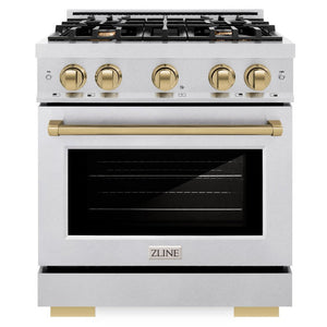 ZLINE Autograph 30" 4.2 cu. ft. Select Gas Range with 4 Burner Cooktop and Convection Gas Oven in Satin Stainless Steel and Champagne Bronze Accents, HGRSZ-30-CB