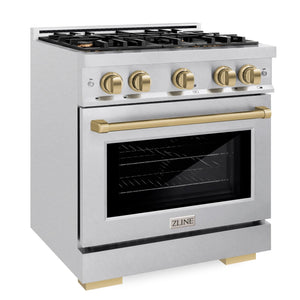 ZLINE Autograph 30" 4.2 cu. ft. Select Gas Range with 4 Burner Cooktop and Convection Gas Oven in Satin Stainless Steel and Champagne Bronze Accents, HGRSZ-30-CB