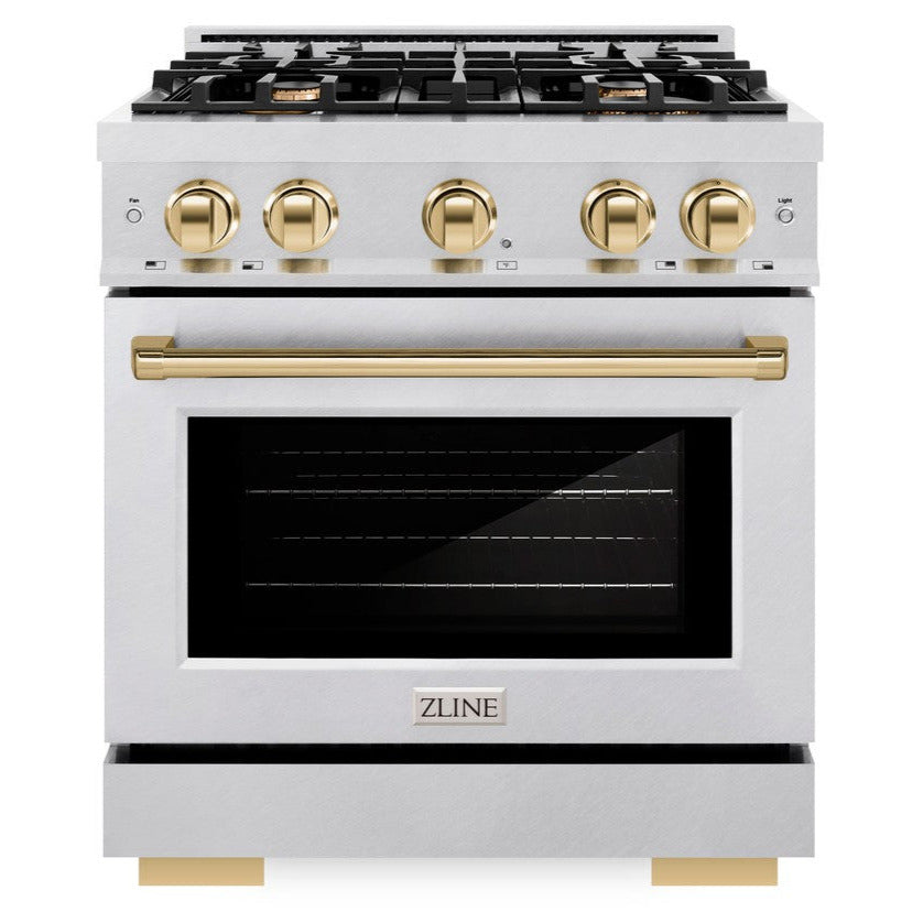 ZLINE Autograph 30" 4.2 cu. ft. Select Gas Range with 4 Burner Cooktop and Convection Gas Oven in Satin Stainless Steel and Polished Gold Accents, HGRSZ-30-G