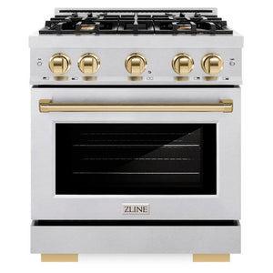 ZLINE Autograph 30" 4.2 cu. ft. Select Gas Range with 4 Burner Cooktop and Convection Gas Oven in Satin Stainless Steel and Polished Gold Accents, HGRSZ-30-G