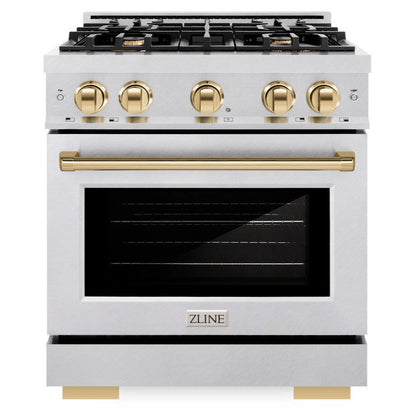 ZLINE Autograph 30" 4.2 cu. ft. Select Gas Range with 4 Burner Cooktop and Convection Gas Oven in Satin Stainless Steel and Polished Gold Accents, HGRSZ-30-G