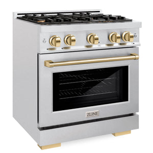 ZLINE Autograph 30" 4.2 cu. ft. Select Gas Range with 4 Burner Cooktop and Convection Gas Oven in Satin Stainless Steel and Polished Gold Accents, HGRSZ-30-G