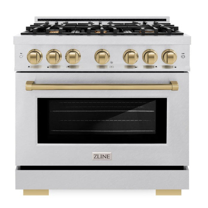 ZLINE Autograph 36" 5.2 cu. ft. Select Gas Range with 6 Burner Cooktop and Convection Gas Oven in Satin Stainless Steel and Champagne Bronze Accents, HGRSZ-36-CB