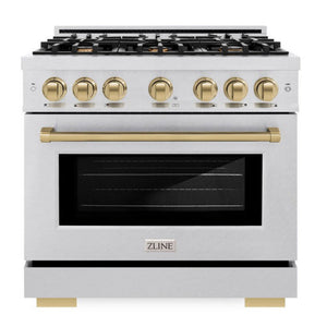 ZLINE Autograph 36" 5.2 cu. ft. Select Gas Range with 6 Burner Cooktop and Convection Gas Oven in Satin Stainless Steel and Champagne Bronze Accents, HGRSZ-36-CB