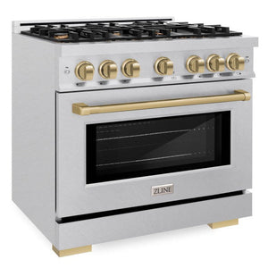 ZLINE Autograph 36" 5.2 cu. ft. Select Gas Range with 6 Burner Cooktop and Convection Gas Oven in Satin Stainless Steel and Champagne Bronze Accents, HGRSZ-36-CB