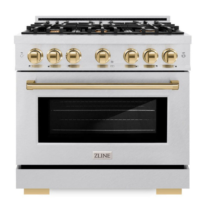 ZLINE Autograph 36" 5.2 cu. ft. Select Gas Range with 6 Burner Cooktop and Convection Gas Oven in Satin Stainless Steel and Polished Gold Accents, HGRSZ-36-G