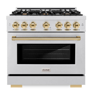 ZLINE Autograph 36" 5.2 cu. ft. Select Gas Range with 6 Burner Cooktop and Convection Gas Oven in Satin Stainless Steel and Polished Gold Accents, HGRSZ-36-G