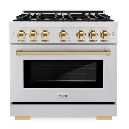 ZLINE Autograph 36" 5.2 cu. ft. Select Gas Range with 6 Burner Cooktop and Convection Gas Oven in Satin Stainless Steel and Polished Gold Accents, HGRSZ-36-G
