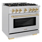 ZLINE Autograph 36" 5.2 cu. ft. Select Gas Range with 6 Burner Cooktop and Convection Gas Oven in Satin Stainless Steel and Polished Gold Accents, HGRSZ-36-G