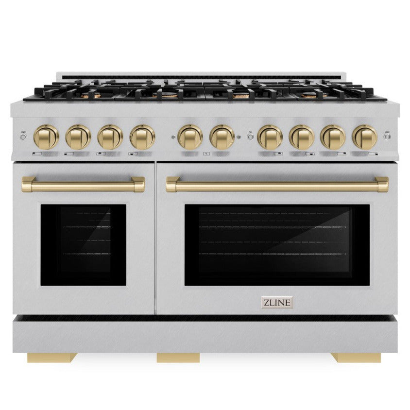ZLINE Autograph 48" 6.7 cu. ft. Select Double Oven Gas Range with 8 Burner Cooktop in Satin Stainless Steel and Champagne Bronze Accents, HGRSZ-48-CB