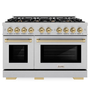 ZLINE Autograph 48" 6.7 cu. ft. Select Double Oven Gas Range with 8 Burner Cooktop in Satin Stainless Steel and Champagne Bronze Accents, HGRSZ-48-CB