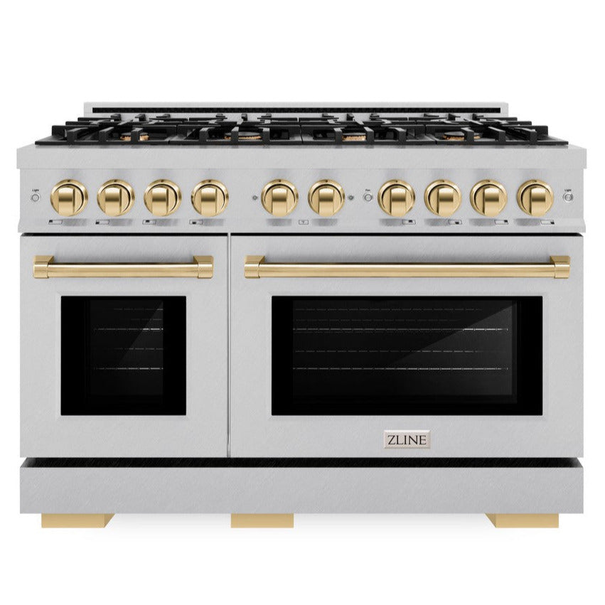 ZLINE Autograph 48" 6.7 cu. ft. Select Double Oven Gas Range with 8 Burner Cooktop in Satin Stainless Steel and Polished Gold Accents, HGRSZ-48-G