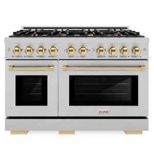 ZLINE Autograph 48" 6.7 cu. ft. Select Double Oven Gas Range with 8 Burner Cooktop in Satin Stainless Steel and Polished Gold Accents, HGRSZ-48-G