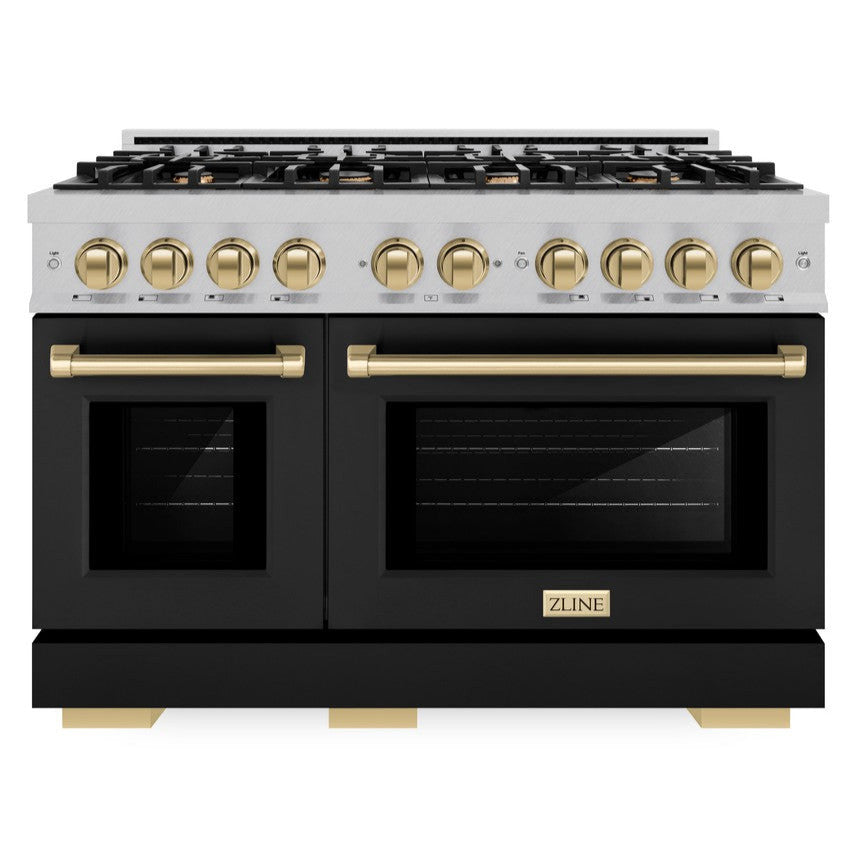 ZLINE Autograph 48" 6.7 cu. ft. Select Double Oven Dual Fuel Range with 8 Burner Gas Cooktop in Satin Stainless Steel with Black Matte Doors and Champagne Bronze Accents, HDRSZ-BLM-48-CB
