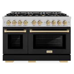 ZLINE Autograph 48" 6.7 cu. ft. Select Double Oven Dual Fuel Range with 8 Burner Gas Cooktop in Satin Stainless Steel with Black Matte Doors and Champagne Bronze Accents, HDRSZ-BLM-48-CB