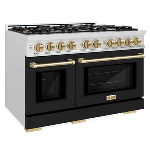 ZLINE Autograph 48" 6.7 cu. ft. Select Double Oven Dual Fuel Range with 8 Burner Gas Cooktop in Satin Stainless Steel with Black Matte Doors and Champagne Bronze Accents, HDRSZ-BLM-48-CB