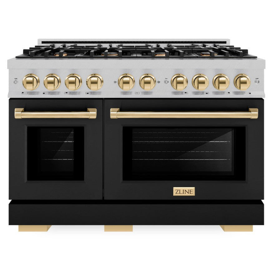 ZLINE Autograph 48" 6.7 cu. ft. Select Double Oven Dual Fuel Range with 8 Burner Gas Cooktop in Satin Stainless Steel with Black Matte Doors and Polished Gold Accents, HDRSZ-BLM-48-G
