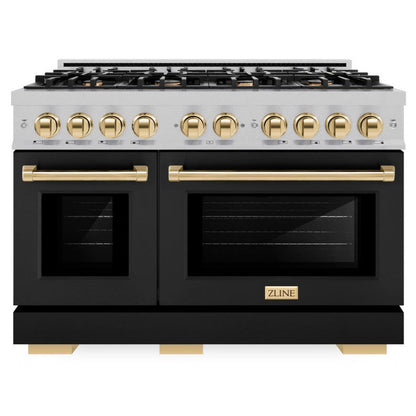 ZLINE Autograph 48" 6.7 cu. ft. Select Double Oven Dual Fuel Range with 8 Burner Gas Cooktop in Satin Stainless Steel with Black Matte Doors and Polished Gold Accents, HDRSZ-BLM-48-G