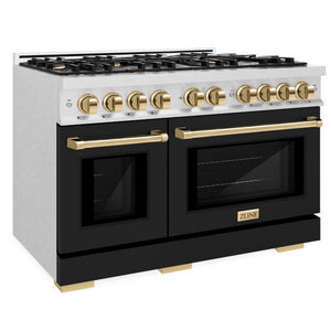 ZLINE Autograph 48" 6.7 cu. ft. Select Double Oven Dual Fuel Range with 8 Burner Gas Cooktop in Satin Stainless Steel with Black Matte Doors and Polished Gold Accents, HDRSZ-BLM-48-G