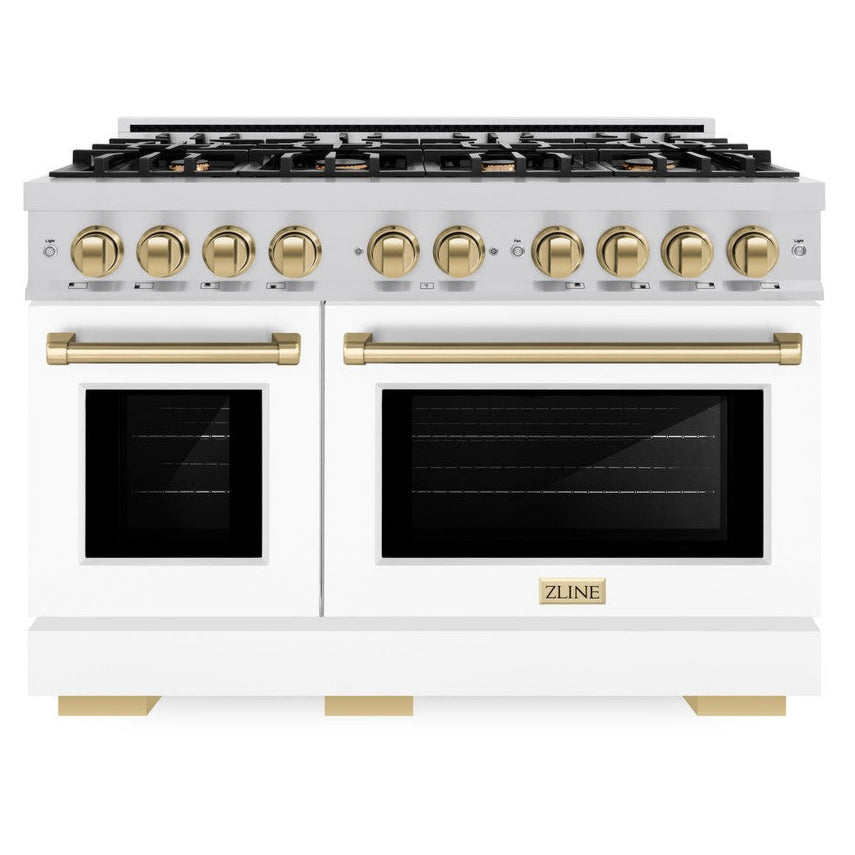 ZLINE Autograph 48" 6.7 cu. ft. Select Double Oven Dual Fuel Range with 8 Burner Gas Cooktop in Satin Stainless Steel with White Matte Doors and Champagne Bronze Accents, HDRSZ-WM-48-CB