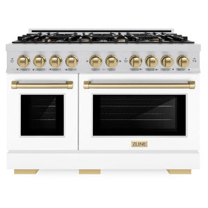 ZLINE Autograph 48" 6.7 cu. ft. Select Double Oven Dual Fuel Range with 8 Burner Gas Cooktop in Satin Stainless Steel with White Matte Doors and Champagne Bronze Accents, HDRSZ-WM-48-CB