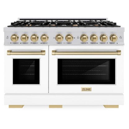 ZLINE Autograph 48" 6.7 cu. ft. Select Double Oven Dual Fuel Range with 8 Burner Gas Cooktop in Satin Stainless Steel with White Matte Doors and Champagne Bronze Accents, HDRSZ-WM-48-CB
