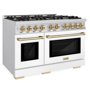 ZLINE Autograph 48" 6.7 cu. ft. Select Double Oven Dual Fuel Range with 8 Burner Gas Cooktop in Satin Stainless Steel with White Matte Doors and Champagne Bronze Accents, HDRSZ-WM-48-CB