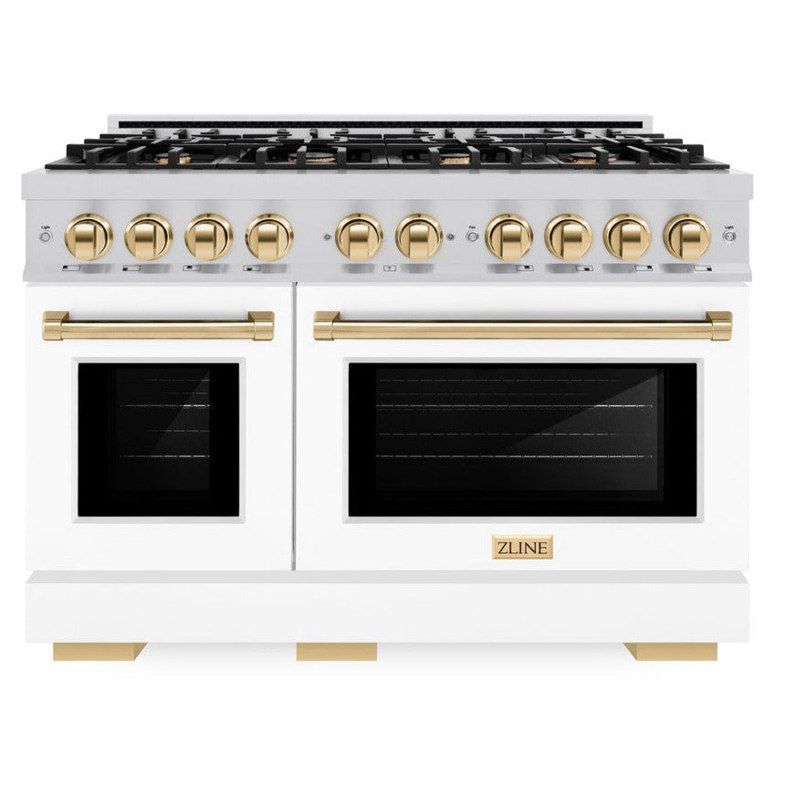 ZLINE Autograph 48" 6.7 cu. ft. Select Double Oven Dual Fuel Range with 8 Burner Gas Cooktop in Satin Stainless Steel with White Matte Doors and Polished Gold Accents, HDRSZ-WM-48-G