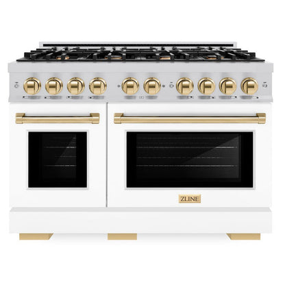 ZLINE Autograph 48" 6.7 cu. ft. Select Double Oven Dual Fuel Range with 8 Burner Gas Cooktop in Satin Stainless Steel with White Matte Doors and Polished Gold Accents, HDRSZ-WM-48-G