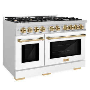 ZLINE Autograph 48" 6.7 cu. ft. Select Double Oven Dual Fuel Range with 8 Burner Gas Cooktop in Satin Stainless Steel with White Matte Doors and Polished Gold Accents, HDRSZ-WM-48-G
