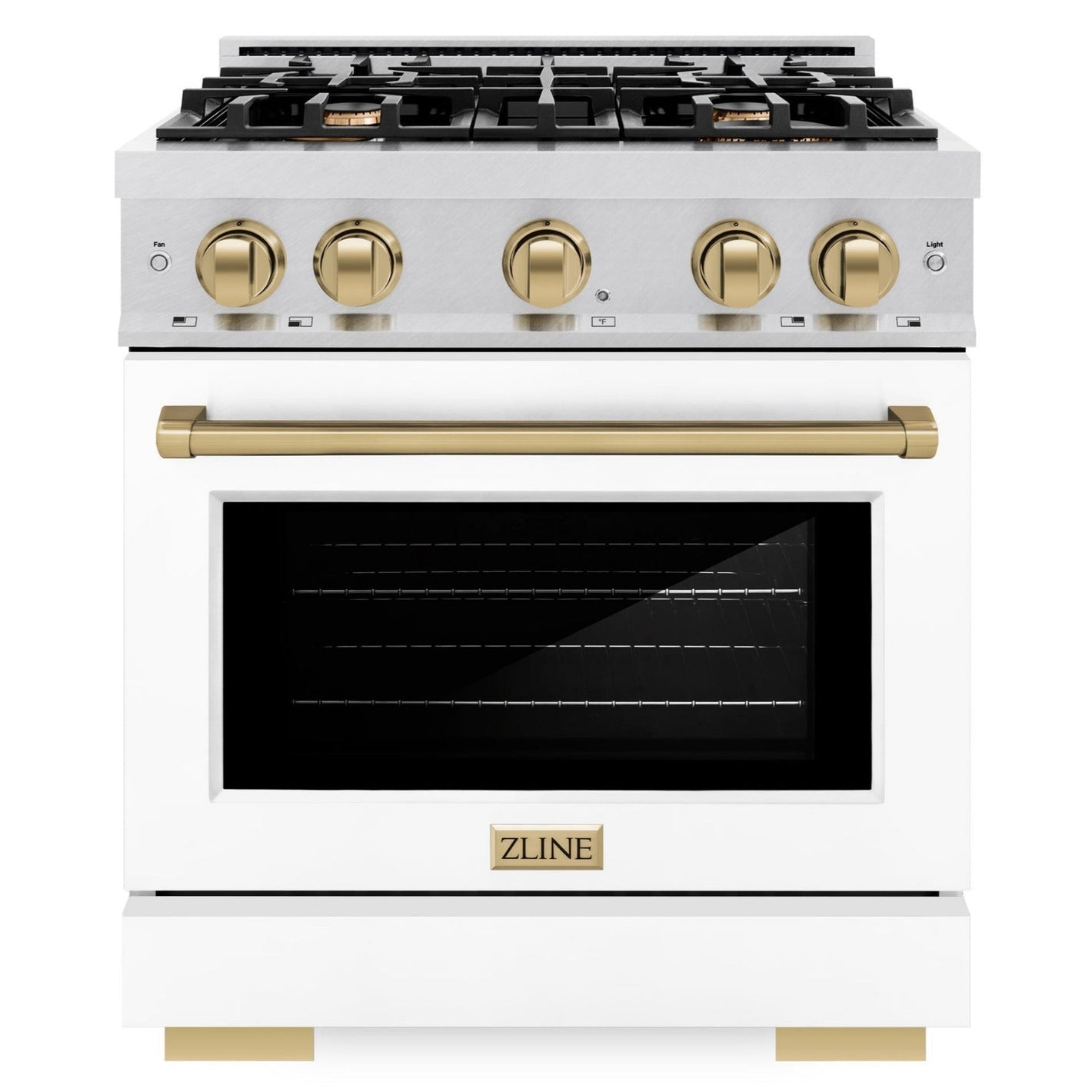 ZLINE Autograph 30" 4.2 cu. ft. Select Dual Fuel Range with 4 Burner Gas Cooktop and Electric Convection Oven in Satin Stainless Steel with White Matte Door and Champagne Bronze Accents, HDRSZ-WM-30-CB