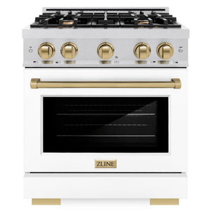 ZLINE Autograph 30" 4.2 cu. ft. Select Dual Fuel Range with 4 Burner Gas Cooktop and Electric Convection Oven in Satin Stainless Steel with White Matte Door and Champagne Bronze Accents, HDRSZ-WM-30-CB
