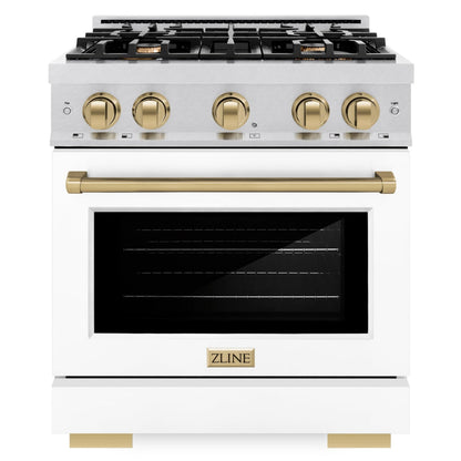 ZLINE Autograph 30" 4.2 cu. ft. Select Dual Fuel Range with 4 Burner Gas Cooktop and Electric Convection Oven in Satin Stainless Steel with White Matte Door and Champagne Bronze Accents, HDRSZ-WM-30-CB
