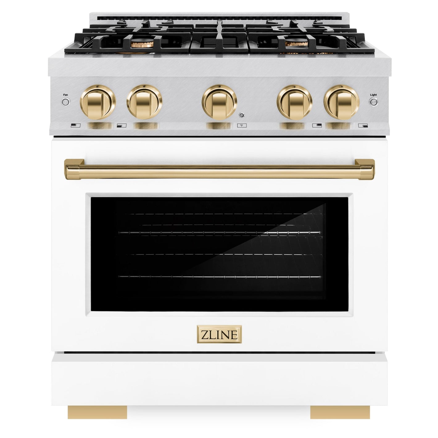 ZLINE Autograph 30" 4.2 cu. ft. Select Dual Fuel Range with 4 Burner Gas Cooktop and Electric Convection Oven in Satin Stainless Steel with White Matte Door and Polished Gold Accents, HDRSZ-WM-30-G