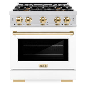 ZLINE Autograph 30" 4.2 cu. ft. Select Dual Fuel Range with 4 Burner Gas Cooktop and Electric Convection Oven in Satin Stainless Steel with White Matte Door and Polished Gold Accents, HDRSZ-WM-30-G