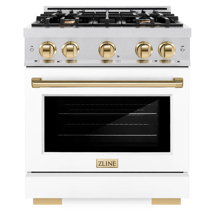 ZLINE Autograph 30" 4.2 cu. ft. Select Dual Fuel Range with 4 Burner Gas Cooktop and Electric Convection Oven in Satin Stainless Steel with White Matte Door and Polished Gold Accents, HDRSZ-WM-30-G