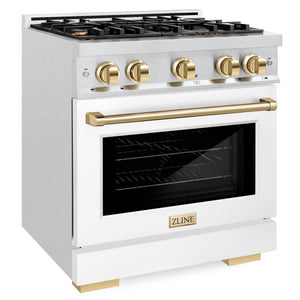 ZLINE Autograph 30" 4.2 cu. ft. Select Dual Fuel Range with 4 Burner Gas Cooktop and Electric Convection Oven in Satin Stainless Steel with White Matte Door and Polished Gold Accents, HDRSZ-WM-30-G