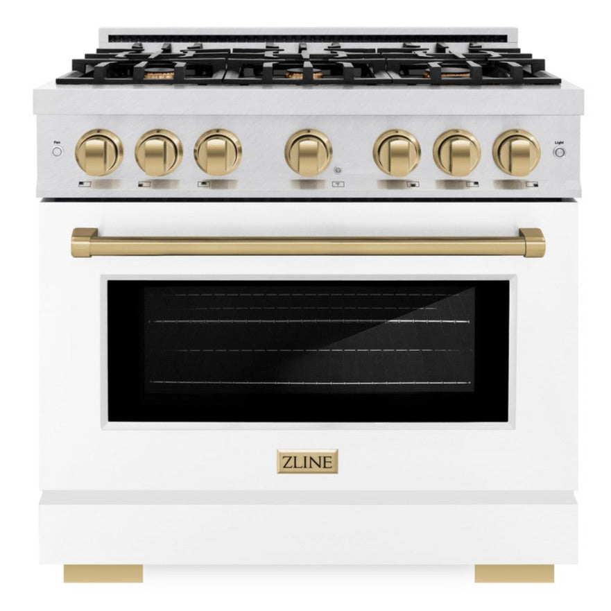 ZLINE Autograph 36" 5.2 cu. ft. Select Dual Fuel Range with 6 Burner Gas Cooktop and Electric Convection Oven in Satin Stainless Steel with White Matte Door and Champagne Bronze Accents, HDRSZ-WM-36-CB