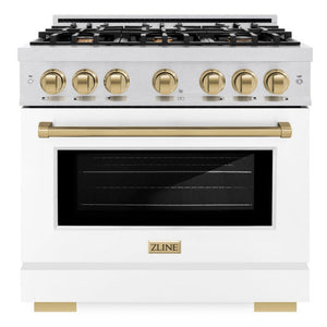 ZLINE Autograph 36" 5.2 cu. ft. Select Dual Fuel Range with 6 Burner Gas Cooktop and Electric Convection Oven in Satin Stainless Steel with White Matte Door and Champagne Bronze Accents, HDRSZ-WM-36-CB