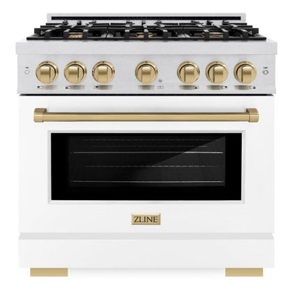 ZLINE Autograph 36" 5.2 cu. ft. Select Dual Fuel Range with 6 Burner Gas Cooktop and Electric Convection Oven in Satin Stainless Steel with White Matte Door and Champagne Bronze Accents, HDRSZ-WM-36-CB