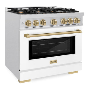ZLINE Autograph 36" 5.2 cu. ft. Select Dual Fuel Range with 6 Burner Gas Cooktop and Electric Convection Oven in Satin Stainless Steel with White Matte Door and Champagne Bronze Accents, HDRSZ-WM-36-CB
