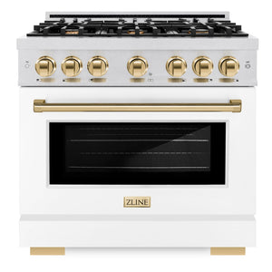 ZLINE Autograph 36" 5.2 cu. ft. Select Dual Fuel Range with 6 Burner Gas Cooktop and Electric Convection Oven in Satin Stainless Steel with White Matte Door and Polished Gold Accents, HDRSZ-WM-36-G