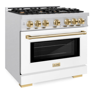 ZLINE Autograph 36" 5.2 cu. ft. Select Dual Fuel Range with 6 Burner Gas Cooktop and Electric Convection Oven in Satin Stainless Steel with White Matte Door and Polished Gold Accents, HDRSZ-WM-36-G