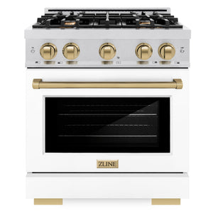 ZLINE Autograph 30" 4.2 cu. ft. Select Gas Range with 4 Burner Cooktop and Convection Gas Oven in Satin Stainless Steel with White Matte Door and Champagne Bronze Accents, HGRSZ-WM-30-CB