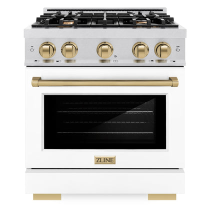 ZLINE Autograph 30" 4.2 cu. ft. Select Gas Range with 4 Burner Cooktop and Convection Gas Oven in Satin Stainless Steel with White Matte Door and Champagne Bronze Accents, HGRSZ-WM-30-CB