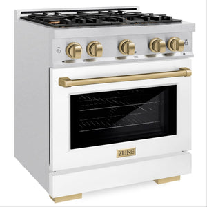 ZLINE Autograph 30" 4.2 cu. ft. Select Gas Range with 4 Burner Cooktop and Convection Gas Oven in Satin Stainless Steel with White Matte Door and Champagne Bronze Accents, HGRSZ-WM-30-CB