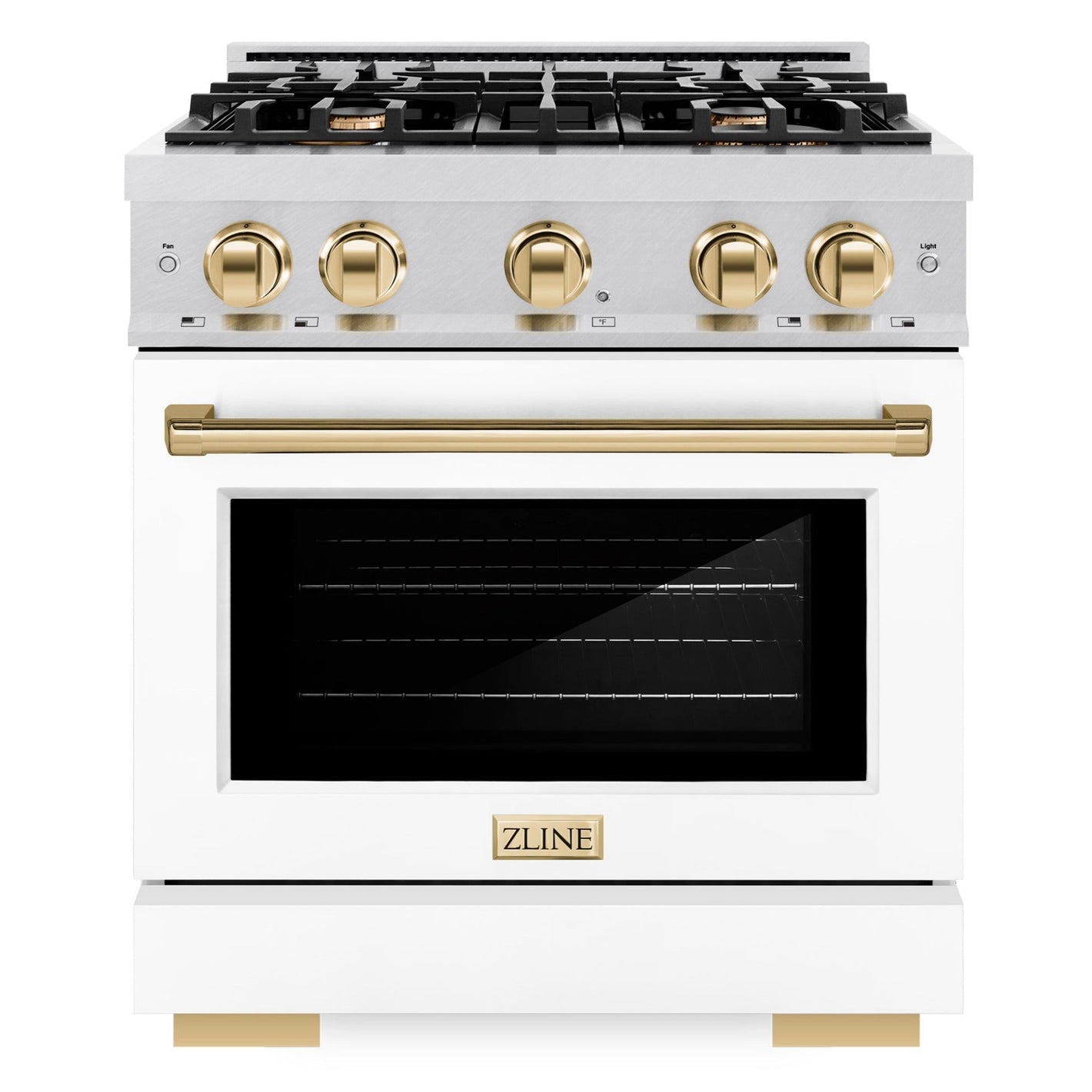 ZLINE Autograph 30" 4.2 cu. ft. Select Gas Range with 4 Burner Cooktop and Convection Gas Oven in Satin Stainless Steel with White Matte Door and Polished Gold Accents, HGRSZ-WM-30-G