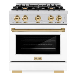 ZLINE Autograph 30" 4.2 cu. ft. Select Gas Range with 4 Burner Cooktop and Convection Gas Oven in Satin Stainless Steel with White Matte Door and Polished Gold Accents, HGRSZ-WM-30-G